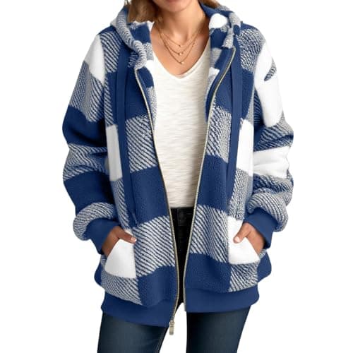 Image of Women's Checked Shirt Jacket with Zip and Hood - Casual Lumberjack Shacket Made of Fleece for Autumn | Oversized Jacket in Layered Look, style_n02 blue, L