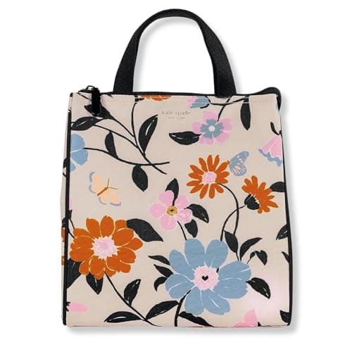 Image of Kate Spade New York Portable Soft Cooler Lunch Bag with Silver Insulated Interior Lining and Storage Pocket, Floral Garden
