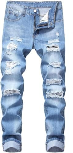 Image of Mens Stretch Slim Fit Jeans Ripped Distressed Straight Leg Denim Pants Destroyed Stretch Motorcycle Jeans Trousers (Light Blue,36)