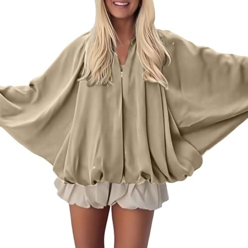 Image of Generisch Women's Bomber Jackets Lightweight Bubble Hem Jacket for Women Casual Sleeve Zip Up Oversized Shacket Trendy Transition Jacket, khaki, L