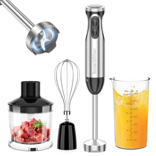 Image of Bonsenkitchen Stainless Steel Hand Blender, 4-in-1 Stick Blender 1000W, 20 Speed Adjustable, with Whisk, 500ml Chopper and 700ml Measuring Cup, Food Processor (4 in 1)