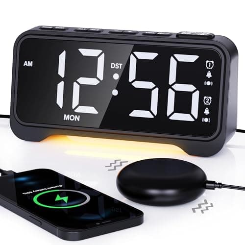 Image of ROCAM Alarm Clock for Heavy Sleepers with Powerful Bed Shaker, Loud Alarm Clock for Deaf People, Dual Alarm, 5 Dimmer, 5 Volumes, Snooze, Power-Off Memory, 12/24H, Week Display, Night Light