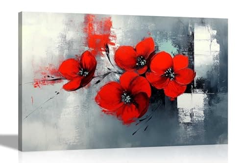 Image of Artley Prints - Abstract Red Flowers Rustic Grey Framed Canvas Pictures Flower Print for Living Room Décor Nature Home Office 76 x 50cm (30 x 20 inches)