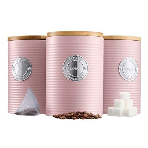 Image of Cooks Professional 3 Piece Ribbed Tea, Coffee, & Sugar Cannisters with Air-Tight Bamboo Lids | Stainless Steel Kitchen Storage Bin Set | Modern & Stylish | Pink & Silver