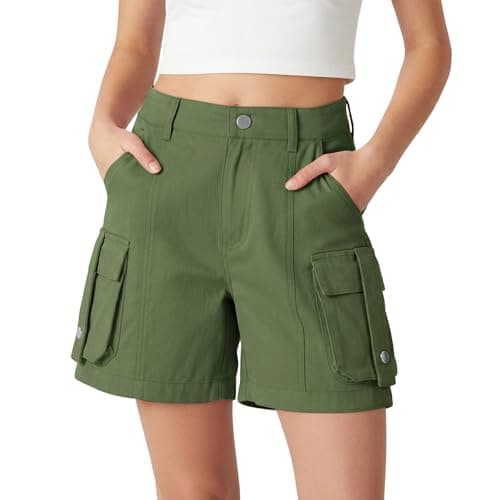 Image of Rolanko Girls Cargo Shorts, Lightweight Cotton with A Semi Elastic Waistband Summer Uniform Shorts for Tweens, Green, 14-15 Years, 170