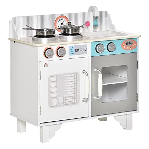 Image of HOMCOM Kids Wooden Play Kitchen Toy Cooking Set Pretend Role Playset, with, Cooking Bench, Stainless Steel Pot for 3-6 Years