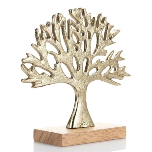 Image of GEEZY Gold Metal Tree Ornament - Abstract Sculpture on Wooden Base - Christmas Nature Statue, Modern Decorative Home Accessories for Living Room Shelf, Bedroom, Mantel & Windowsill