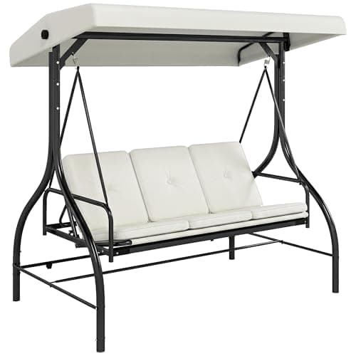 Image of Outsunny 3 Seater Canopy Swing Chair, 2 in 1 Garden Swing Seat Bed, with Adjustable Canopy and Metal Frame, Cream White