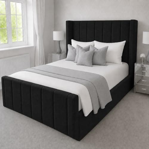 Image of Bed Craft Upholstered Panel Bed Frame Plush Velvet | UK Made | Double/King/Super King Sizes | Optional Gas Lift Storage & Mattress (Black Plush, Small Double 4ft Bed Frame)