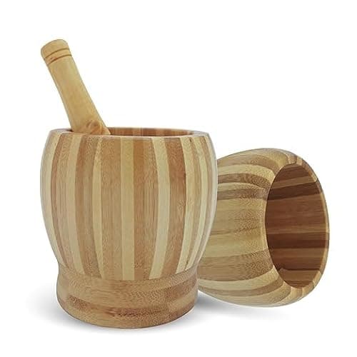 Image of STL Pestle and Mortar Set, Bamboo Wooden Mortar and Pestle Spice Grinder for Garlic, Pepper, Herbs, Spices, Seeds & Nuts, Herb Crusher Kitchen Tool & Housewarming Gift (Medium)