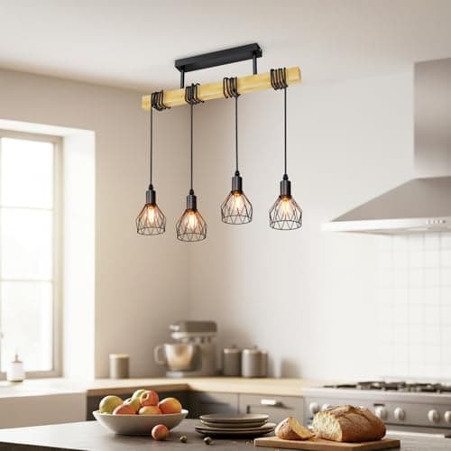 Image of LVWIT Black Pendant Lighting,Vintage Hanging Lights,Wood Ceiling Light Fitting,4 Way Kitchen Light Ceiling,Drop Lights Ceiling,Industrial Ceiling Light for Lving and Dining Room(E14 Base,NO Bulbs)