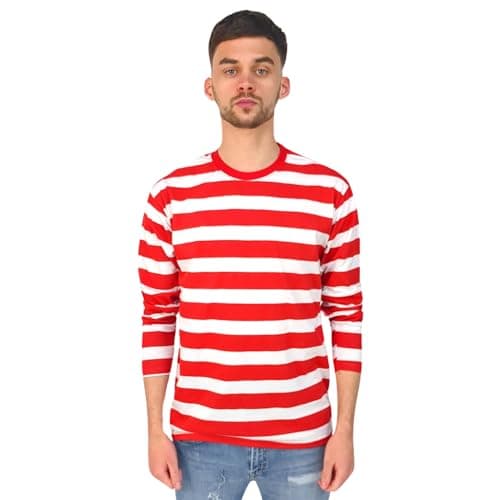 Image of Red White Mens Long Sleeve Striped T-Shirt Casual Classic Horizontal Striper Tee(Red/White, L)