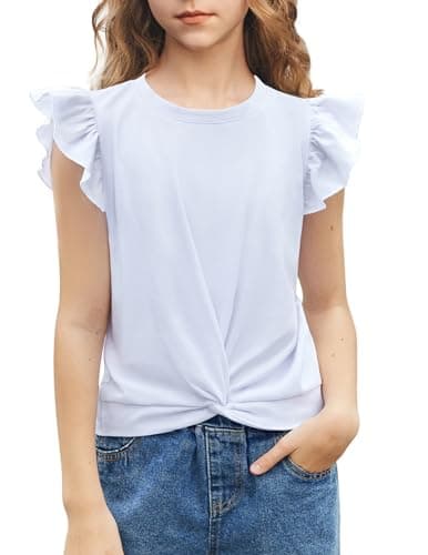 Image of Arshiner Girls' T-Shirts Flying Sleeves Summer Crew Neck Short Sleeve Tops Casual Fashion Plain T-Shirt for Girls White 120