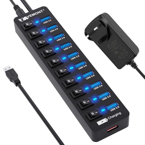 Image of USB Hub Powered 3.0,VEMONT 10 Ports Multi USB 3 Hub and 1 Smart Charging Port with 12V/3A Power Adapter,USB Splitter with Individual On/Off Switch and 3.9ft/1.2m Long Extension Cable for PC/Laptop