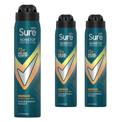 Image of Sure Men Nonstop Protection Anti Perspirant Deodorant Spray Energise, Pack of 3, Alcohol Free Deodorant for Men 72-Hour Odour and Sweat Protection, 250ml