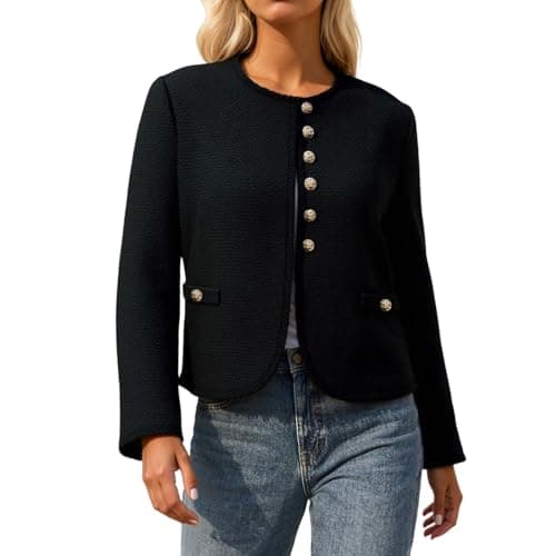 Image of Generisch Women's Bouclé Jacket in Classic Style - Elegant Short Jacket with Gold Buttons | Timeless Box Jacket for Business and Leisure, style_l01 black, L