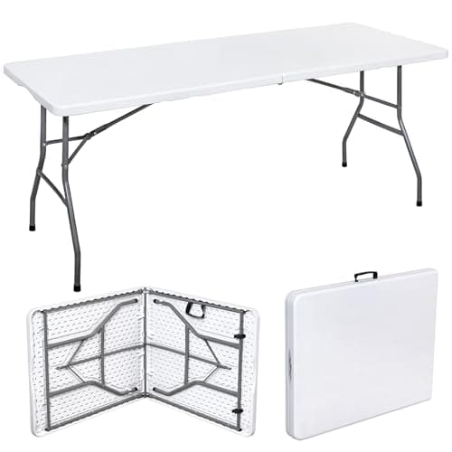 Image of Trestle Table 6ft Heavy Duty Camping Tables Garden Catering Folding Tables with Handle Plastic Picnic Garden Foldable Portable for Picnic BBQ Party Camping Dinner Hiking Outdoor White 1.8m Long