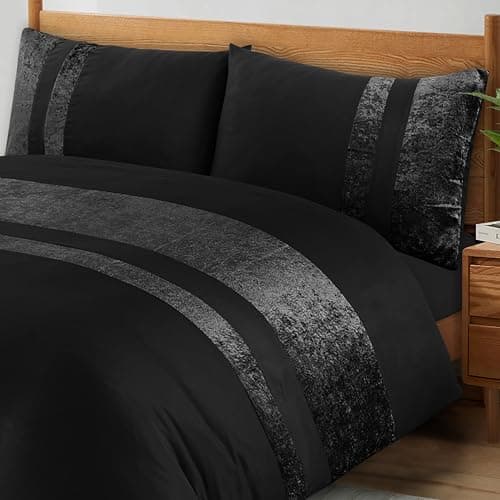 Image of ZZZMRH Luxury Crushed Velvet King Size Duvet Cover Set With 2 Pillow Cases - Black Color Crush Velvet Panel Band Bedding