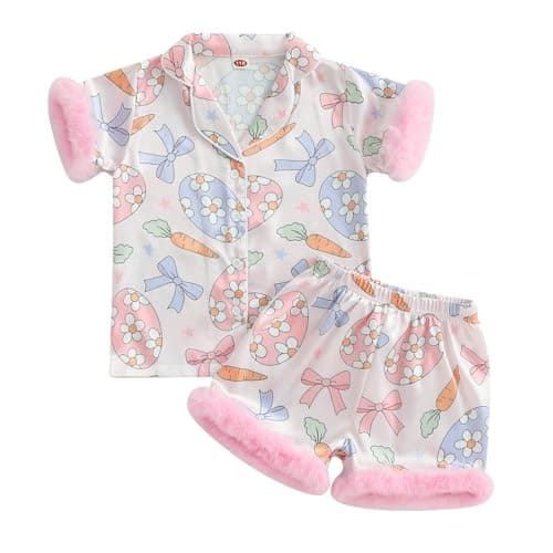 Image of XIXIMAON 1-10Y Baby Girls Easter Pajamas Set Short Sleeve Button Down Easter Eggs Carrot Print Feather Trim Satin Shirt Elastic Shorts Set 2pcs Sleepwear (Pink, 8-9 Years)