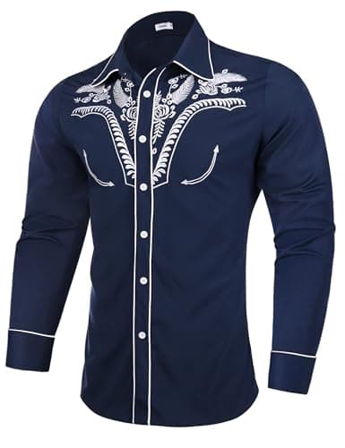 Image of Sykooria Men's Shirts Long Sleeve Casual Vintage Floral Embroidery Button Down Western Shirts Regular Fit