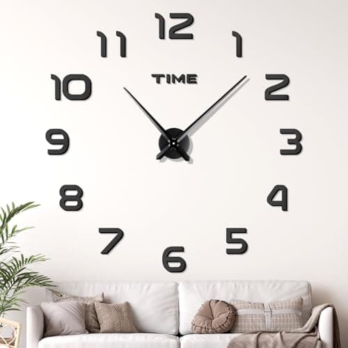 Image of JIZZU 3D Stick on Wall Clock Large Modern, Wall Clocks for Living Room, 3D Self Adhesive DIY Frameless Large Wall Clock Modern Arabic Numerals for Living Room Kitchen Bedroom Office Home(Black)