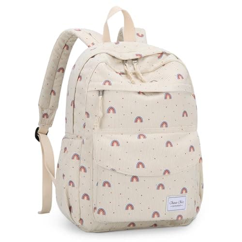 Image of Chase Chic Corduroy Backpack for Teen Girls, Cute Aesthetic Plush Bookbag Casual Rucksack Daypack for School Kids Rainbow