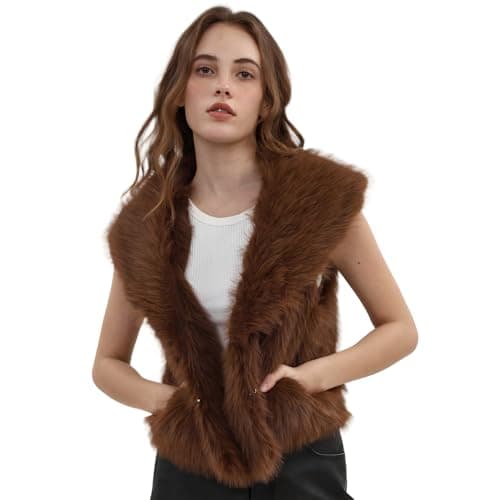 Image of Amazhiyu Faux Fur Gilet for Women UK, Lapel Open Front Cardigan with Pockets, Sleeveless V Neck Outwear Fluffy Vest for Winter/Autumn Brown S