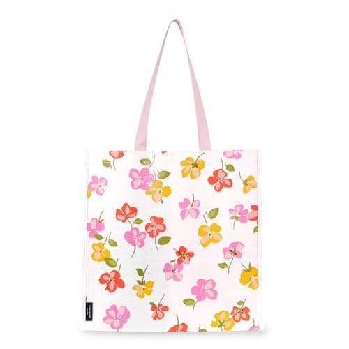 Image of kate spade new york Reusable Shopping Bag, Grocery Tote with Shoulder Straps, Large Collapsible Tote, Spring Pansies