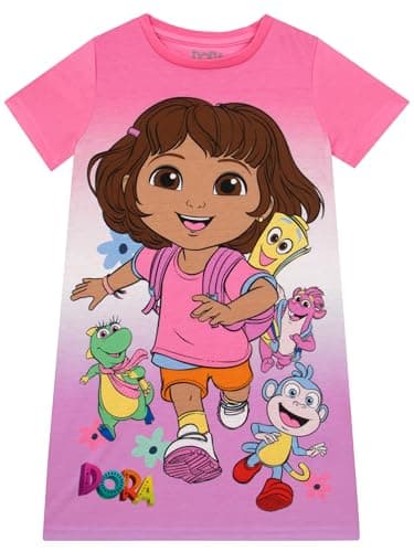 Image of Dora The Explorer Girls Nightdress, Short Sleeve Girls Pyjamas, Nighties For Kids, Pink 5-6 Years