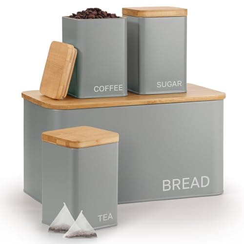 Image of EHC Set of 4 Tea, Sugar, Coffee & Bread Bin Canisters Set, Kitchen Storage Jars with Airtight Lids, Containers Jars Set, Grey