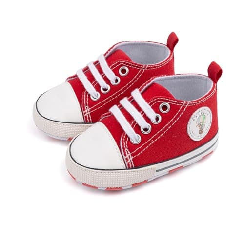 Image of Baby Boys Girls Infant Canvas Sneakers High Top Lace up Newborn First Walkers Cribster Shoe (RED, 6-12 Months)