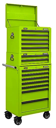 Image of Sealey Topchest, Mid-Box & Rollcab Combination/Tool Chest on Wheels, 14 Drawer with Ball-Bearing Slides - Green - APSTACKTHV