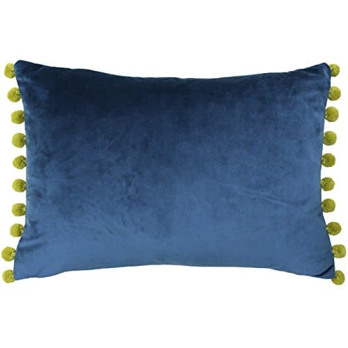 Image of Paoletti Fiesta Rectangular Cushion Cover – Faux Velvet with Pompom Edges (Indigo/Olive – 35 x 50cm)