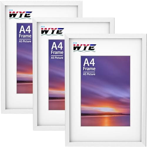Image of wyewye A4 Frame 3 Pack, 21x29.7 cm Wood Picture Frames with Stand, Tabletop or Wall Hanging, A4 White Frame with A5 Mount, Document Frame with Plexiglass Window, White