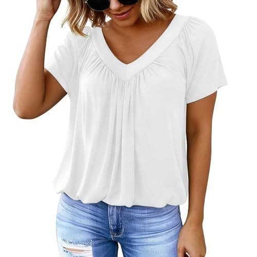 Image of Women's T Shirts Casual T-Shirts V Neck Short Sleeve Fashion Ladies Tops Baggy Womens Summer Top (UK, Alpha, XXL, Regular, Regular, White)