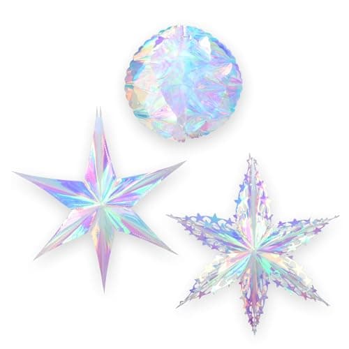 Image of BRAVESHINE 3PCS Iridescent Hanging Ornaments Novelty Decorations - Iridescent Foil Star Honeycomb Ball Rainbow Decorative Snowflake for Festival Holiday Birthday Christmas New Years Party