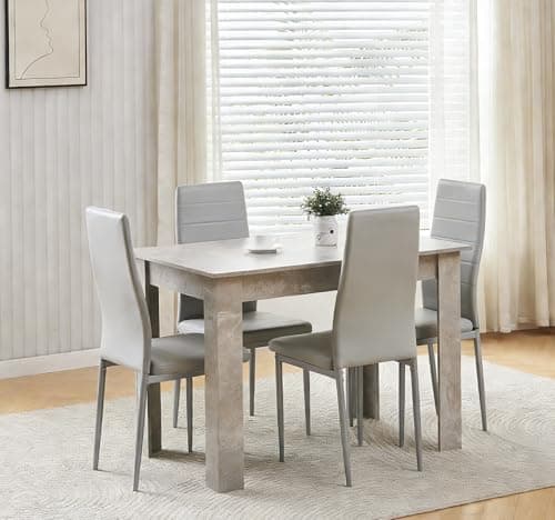 Image of Menaka Modern Wooden Dining Room Table and Chairs Set of 4 for Small Space, 5 Pieces Rectangular Kitchen Table with 4 Chairs (110cm grye table and 4 grey leather chairs)