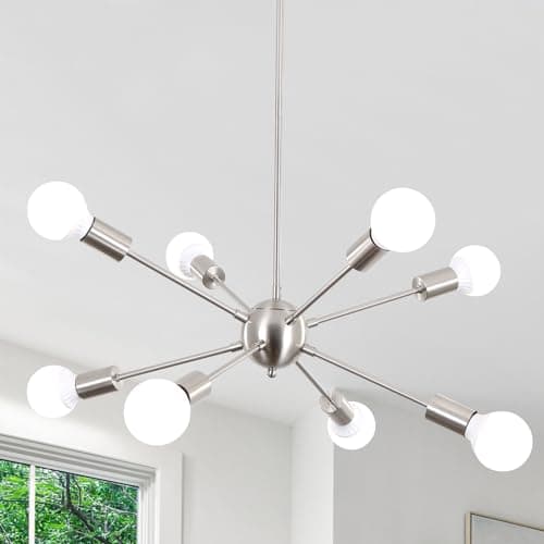 Image of ASHUAQI Nickel Sputnik Ceiling Light, 8 Lights Chandeliers Ceiling Light, E27 Modern Chandelier Height Adjustable, Mid Century Pendant Light, Chrome Ceiling Lights for Living Room Dining Room Hallway