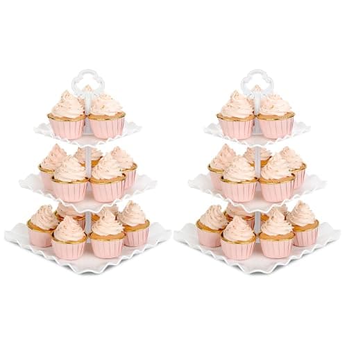 Image of NWK Pack of 2 Large Square 3-Tier Cupcake Stand 30cm Height Plastic Cake Stand Food Round Display for Wedding Birthday Graduation Afternoon Tea Party