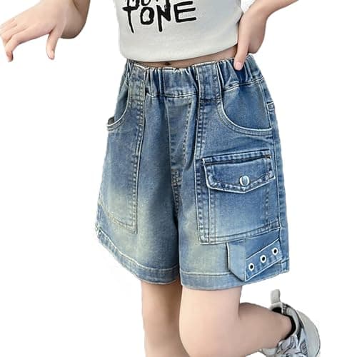 Image of Baggy Jogging Bottoms Women's Casual Elastic Denim Shorts with High Waist for Girls Cargo Trousers with Pocket, blue, 11-12 Years