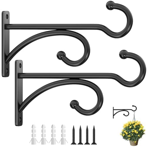 Image of 2 Pcs 15cm (6 Inches) Planter Hooks for Hanging Plants - Plant Hanger Hook Indoor Outdoor, Plant Wall Hooks, Brackets for Hanging Plants, Baskets, Wind Chime, Bird Feeder, Bird House (Black, Metal)