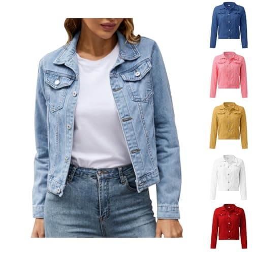 Image of Denim Jackets for Women UK, Womens Long Sleeve Casual Trucker Jean Jacket, Classic Button Up Outerwear Coat for Spring, Autumn, Womens Denim Jackets