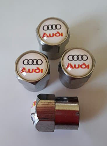 Image of Audi White top set of four Silver Chrome metal car valve tyre cap dust cap A1 Sportback S1 A3 A4 A5 A6 A7 A8 Q3 Q5 Q7 TT R8 RS e-tron