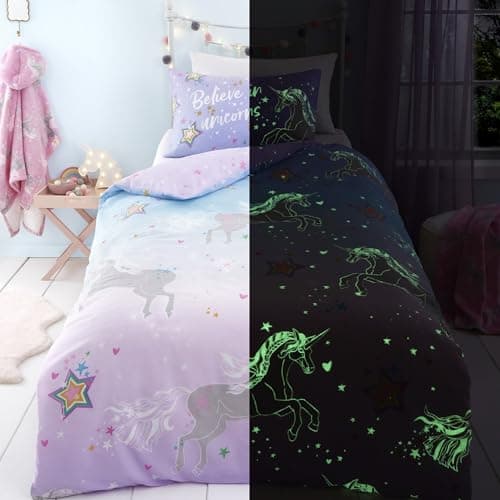 Image of Bedlam Glow in the Dark Unicorn Duvet Cover Set – Single Size 135x200cm – Reversible Magical Star & Unicorn Design – Pink Lilac Girls Bedding with Pillowcase