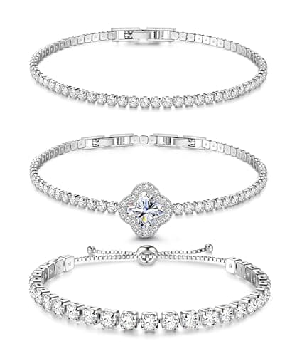 Image of Dochais 3 Pieces Silver Tennis Bracelets for Womens Silver Bracelet Crystal Cubic Zirconia Bracelet Sparkle Diamond Bracelets Friendship for Gifts Jewellery Christmas Birthday A