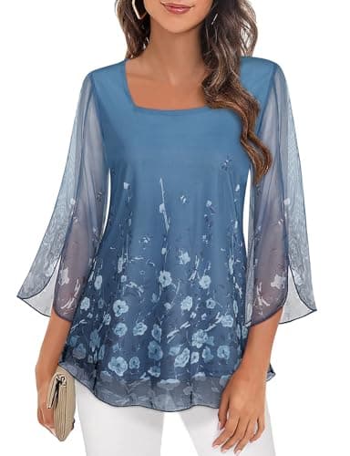 Image of Syphiby Chiffon Tops for Women UK, 3/4 Sleeve Blouses for Women Double Layer Top Elastic Mesh Casual Blouse Square Neck Flowy Shirts for Work Daily Party Wear