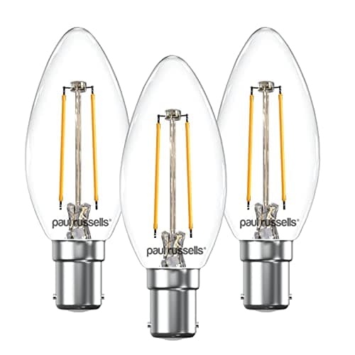 Image of paul russells LED Candle Filament Light – 2.5W 25W Equivalent Replacement, 250LM Lumens, 2700K Warm White, SBC B15 Small Bayonet Cap C35 Bulbs – Bright Energy Saving Non-Dimmable Lamps - 3 Pack