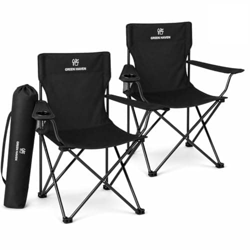 Image of Green Haven Folding Camping Chair with Cup Holder & Carry Bag – Lightweight Portable Outdoor Chair, Heavy Duty Steel Frame, Padded Headrest, Wide Seat for Camping, Festival, Garden, Fishing (Black)