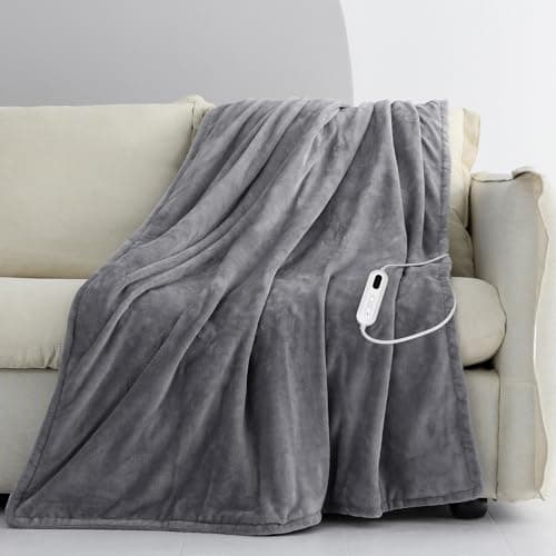 Image of CORIWELL Heated Blanket Electric Throw - Fast Heat Up Flannel 160 x 120cm, 9 Temperature Settings & 9H Timer - Grey Heating Blanket for Sofa Bed Office