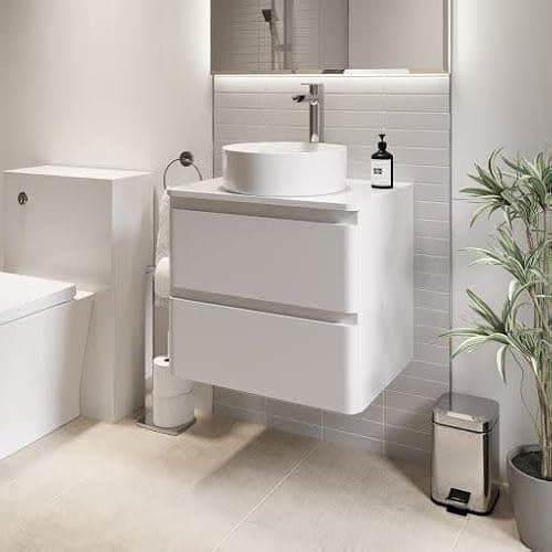 Image of Affine® 600mm Vanity Unit Bathroom Wall Mounted Storage Cabinet Cupboard Cloakroom, Soft Close Drawers, Lyon White Countertop Basin Sink, White Gloss